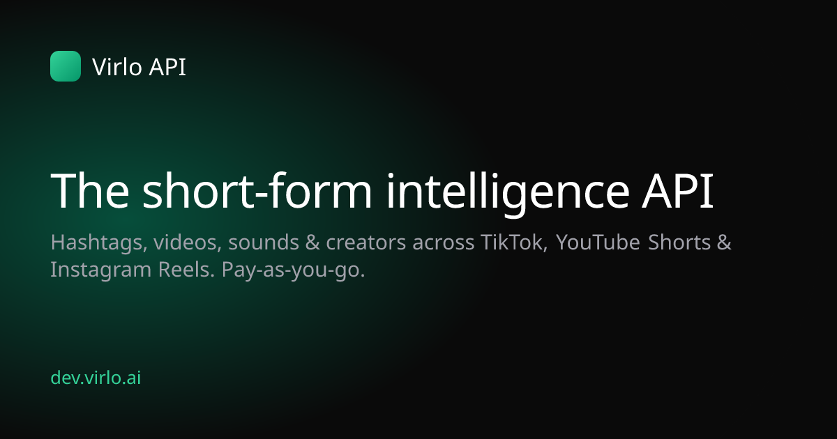 Virlo API — Build with the Virlo API: hashtag analytics, video intelligence, sound and creator data…